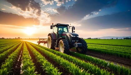 Agricultural Tractor Working in Lush Green Fields at Sunrise