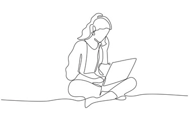 Continuous one line drawing of young woman sitting on the floor working with laptop, symbolizing remote work, freelance work, single line art.