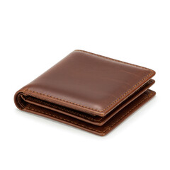 A close up shot of a brown leather wallet on a white background in a studio setting