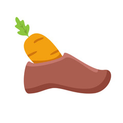 Winter boots with carrot inside, symbol of Sinterklaas. Sinterklaas cartoon hand drawn shoes with carrot. Saint Nicholas Day Poster Vector, Dutch Holiday Celebration Card with Gift in Red Boot
