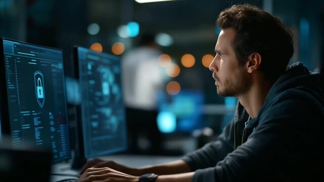 A cybersecurity analyst in a dimly lit operations room monitors and blocks automated threats with AI driven defenses dashboards showing intrusion attempts and padlock icons