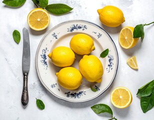 Overhead shot of lemons on a plate, surrounded by leaves