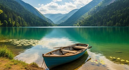 Wooden Rowboat on a Serene Mountain Lake with Forested Shores