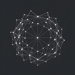 Abstract geometric sphere created with interconnected white dots and lines on a dark gray background, forming a complex network.