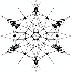 Intricate black and white geometric snowflake design with symmetrical patterns and interconnected lines.