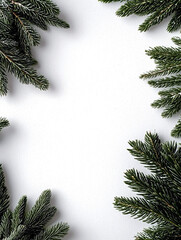 Lush green spruce branches form a vibrant frame around a bright white background, casting soft shadows, perfect for holiday card designs. Clean christmas atmosphere