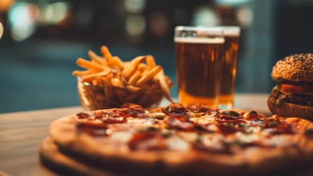 A blurred image of a pizza, burger, fries, and two beers on a table