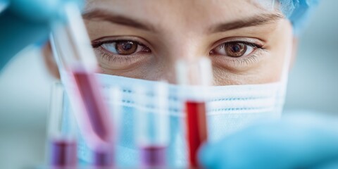 Close-up of a female lab technician wearing protective mask and glasses, analyzing red liquid samples in test tubes. Focused expression and sterile environment suggest clinical precision.