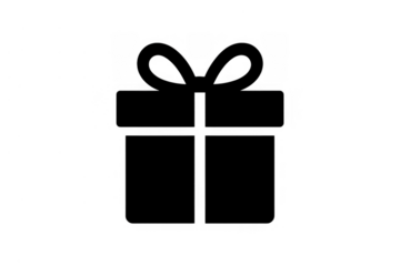 Black present box icon representing celebration, birthday, christmas, and giving on a transparent background