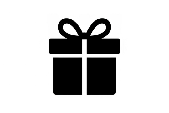 Black present box icon representing celebration, birthday, christmas, and giving on a transparent background