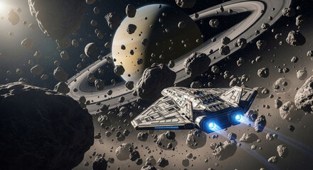 Spaceship exploring asteroid field near Saturn