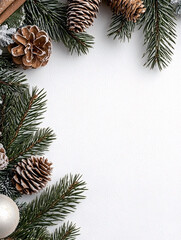 Rich green spruce branches, snow-dusted pine cones, and a single silver christmas bauble create a corner border on a textured white background. Elegant winter holiday invitation concept
