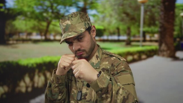Man in camouflage uniform raises clenched fist in fighting pose in forest setting with dog tags visible; duty courage.