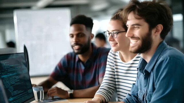 Engineers in an AI startup office code advanced algorithms discussing machine learning models whiteboards with equations a collaborative vibe AI algorithm development startup