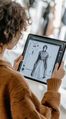 Young fashion designer sketching apparel designs on tablet screen