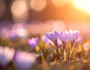 Pink and purple crocuses bloom in the sunlit grass