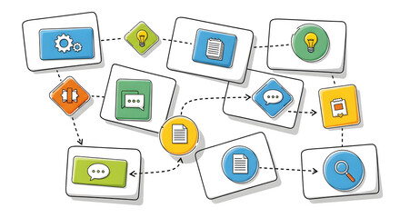 Colorful process flow diagram with interconnected business icons and dashed lines