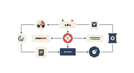 Complex data flow diagram depicting interconnected systems with various symbolic icons in a circular layout
