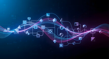 Complex digital data network with glowing geometric shapes and interconnected wavy lines illustrating information flow