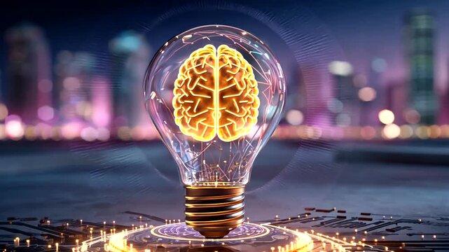 Glowing brain in lightbulb on circuit board with blurred city lights at night