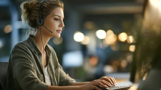 A call center worker headset snug types on a computer using AI to generate real time call scripts her screen summarizing customer issues the office alive with soft chatter