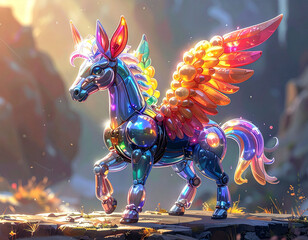 【2026年 午年】光る虹色の翼を持つメカニカルペガサス、未来とファンタジーの年賀状素材