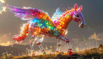 【2026年 午年】光る虹色の翼を持つメカニカルペガサス、未来とファンタジーの年賀状素材