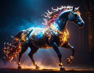 2026年 午年】豪華な装飾の馬のイラスト、青と金の光と幻想的な背景、年賀状・新年の縁起物
