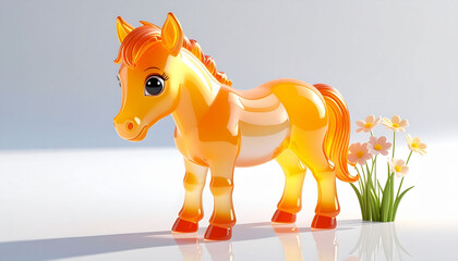 【2026年 午年】可愛い馬のフィギュアと花、オレンジ色の半透明な質感が特徴の年賀状素材2