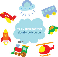 Cute transportation doodle illustration collection set. Vector cartoon clip art of bus, car, train, plane, rocket in bright color children style for book, asset, sticker