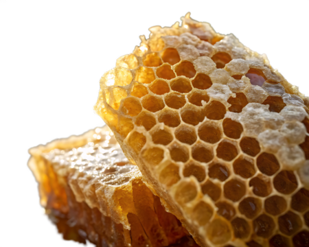 Natural honeycomb with golden honey isolated on transparent background