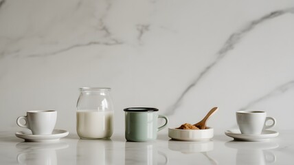 Coffee and milk set on marble countertop