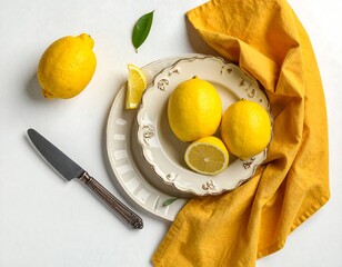 Overhead shot of lemons, plates, knife and yellow linen