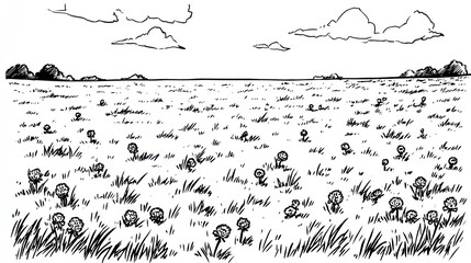 Fototapeta premium Black and white drawing of a field with dandelions and horizon