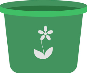 Green gardening pot with decorative white flower graphic, flat illustration