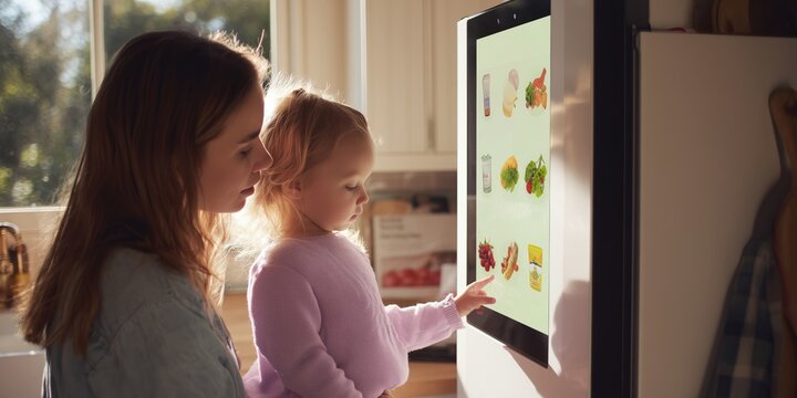Young child with mother using smart fridge with touchscreen to explore food options in a cozy kitchen. Natural light, modern technology, and family interaction.