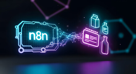 Digital network connecting n8n interface with product packaging and web page icons in futuristic neon glow