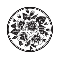 Floral silhouette inside circular frame- Black and white silhouette illustration.