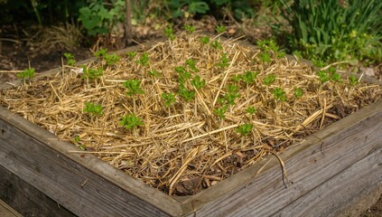 Lateral perspective of fresh potato shoots emerging from straw mulch bed