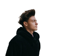 young man gazes thoughtfully upward, framed on transparent background, with soft natural light...