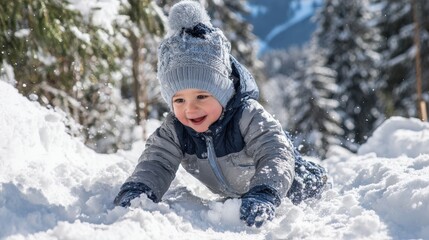 Happy toddler playing outdoors in deep winter snow during bright daylight