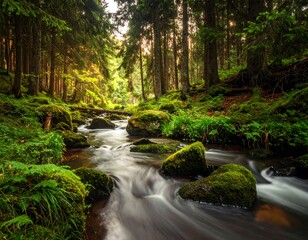 Serene forest scene with stream flowing through mossy rocks