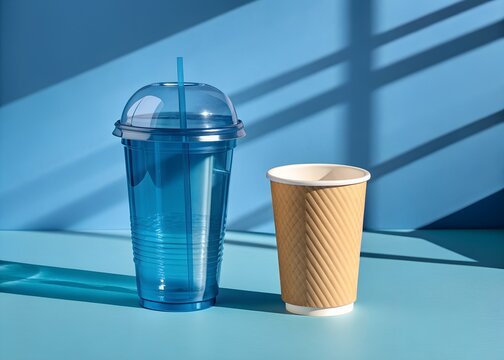 Vibrant blue plastic tumbler with straw stands beside textured brown paper coffee cup casting dynamic shadows on bright blue background