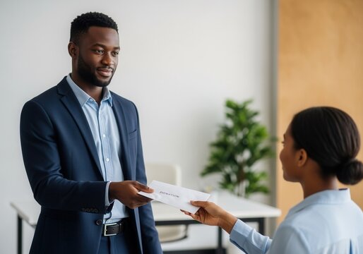 Professional Black businessman giving a donation envelope to a female colleague. Corporate social responsibility and charity concept
