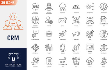 Customer relationship management CRM icon set. Containing icons: marketing, data, report, strategy, manager, audience and more. Vector illustration
