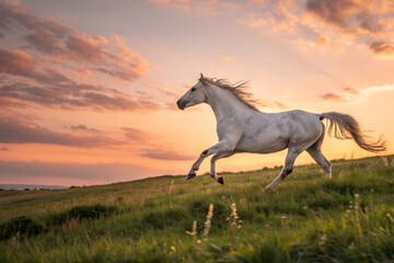 Fototapeta premium horse in the sunset,horse in the snow,royal white horse , running in a misty forest, white horse galloping across, magical white horse running in the open meadow