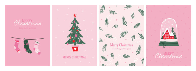 Cute hand drawn set of Christmas Cards, lovely designs, trendy illustrations for season banner, poster, cover - vector