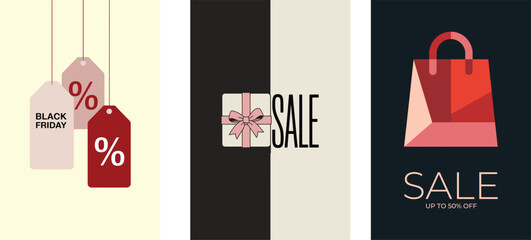 Modern sale and discount poster collection featuring pink shopping bag, tags, and gift box with minimalist typography, elegant vector design for seasonal promotions