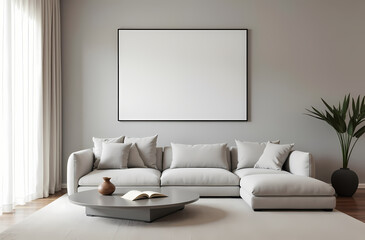 Modern Living Room Poster Frame Mockup with Natural Light and Minimalist Decoration. 3D render.