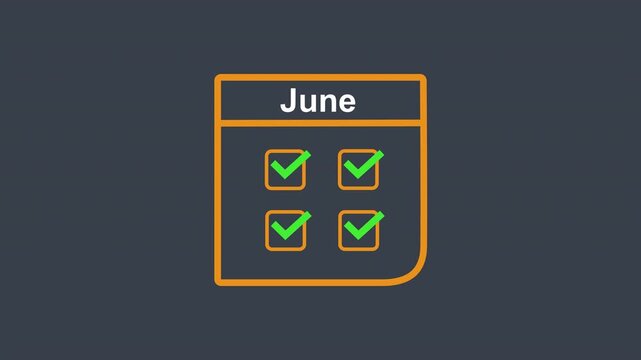 June Calendar Checklist Animation. Looping Icon for End of Q2 (Second Quarter) and Mid-Year Report. Alpha Channel